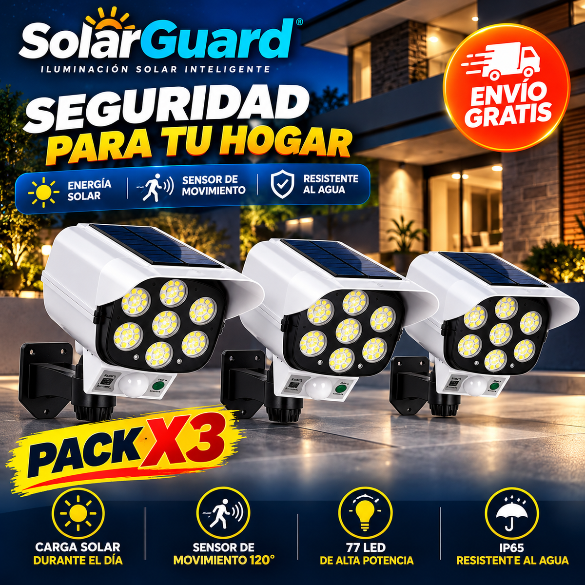 SolarGuard – Pack 3 Focos Solares LED con Sensor de Movimiento
