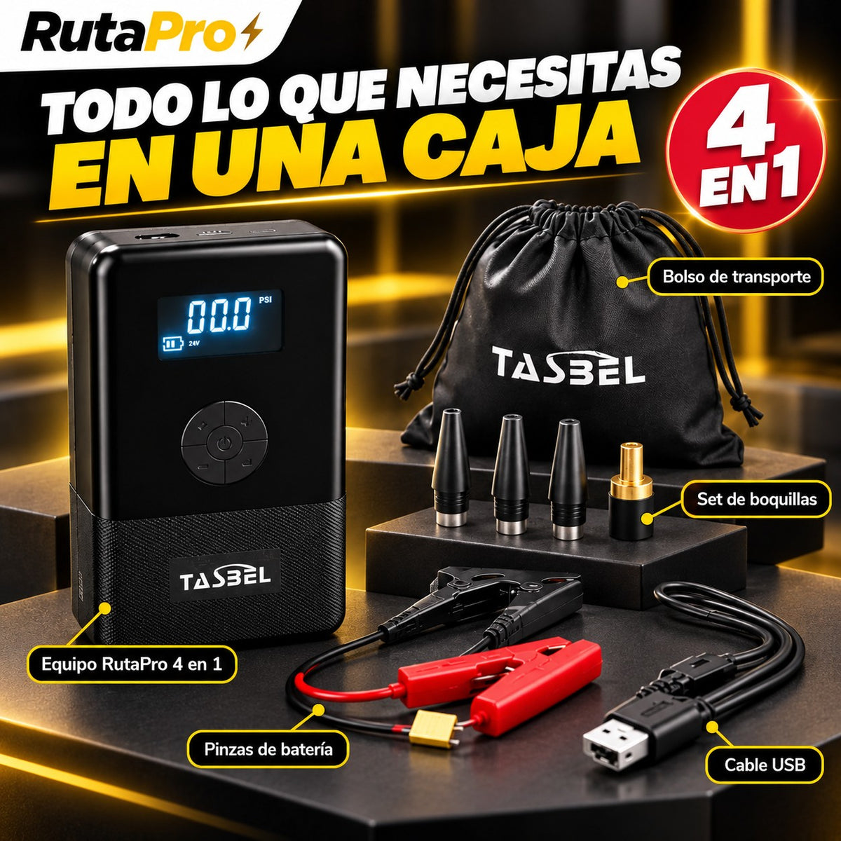 RutaPro 4 en 1 – Arrancador de Batería + Inflador de Neumáticos