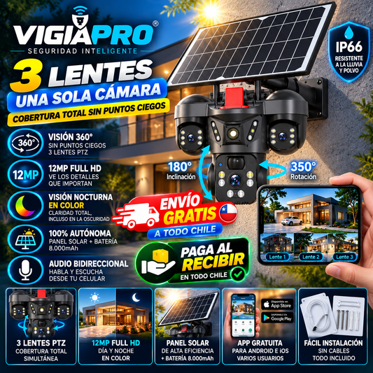 VigiaPro – Cámara de Seguridad Solar WiFi con 3 Lentes 360°