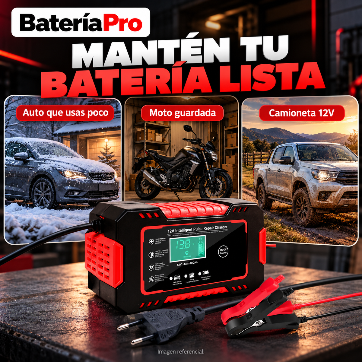 BateríaPro – Cargador Inteligente de Baterías 12V para Auto y Moto