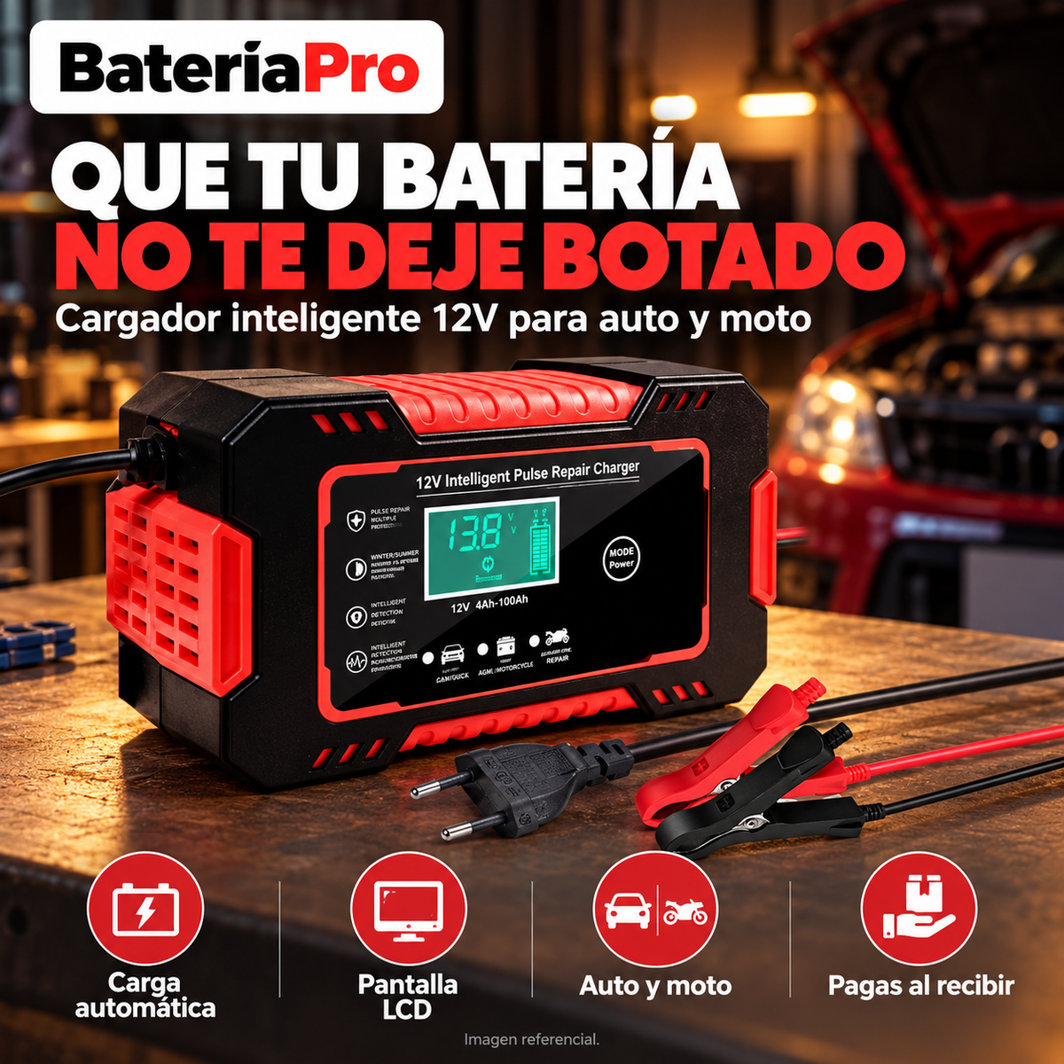 BateríaPro – Cargador Inteligente de Baterías 12V para Auto y Moto