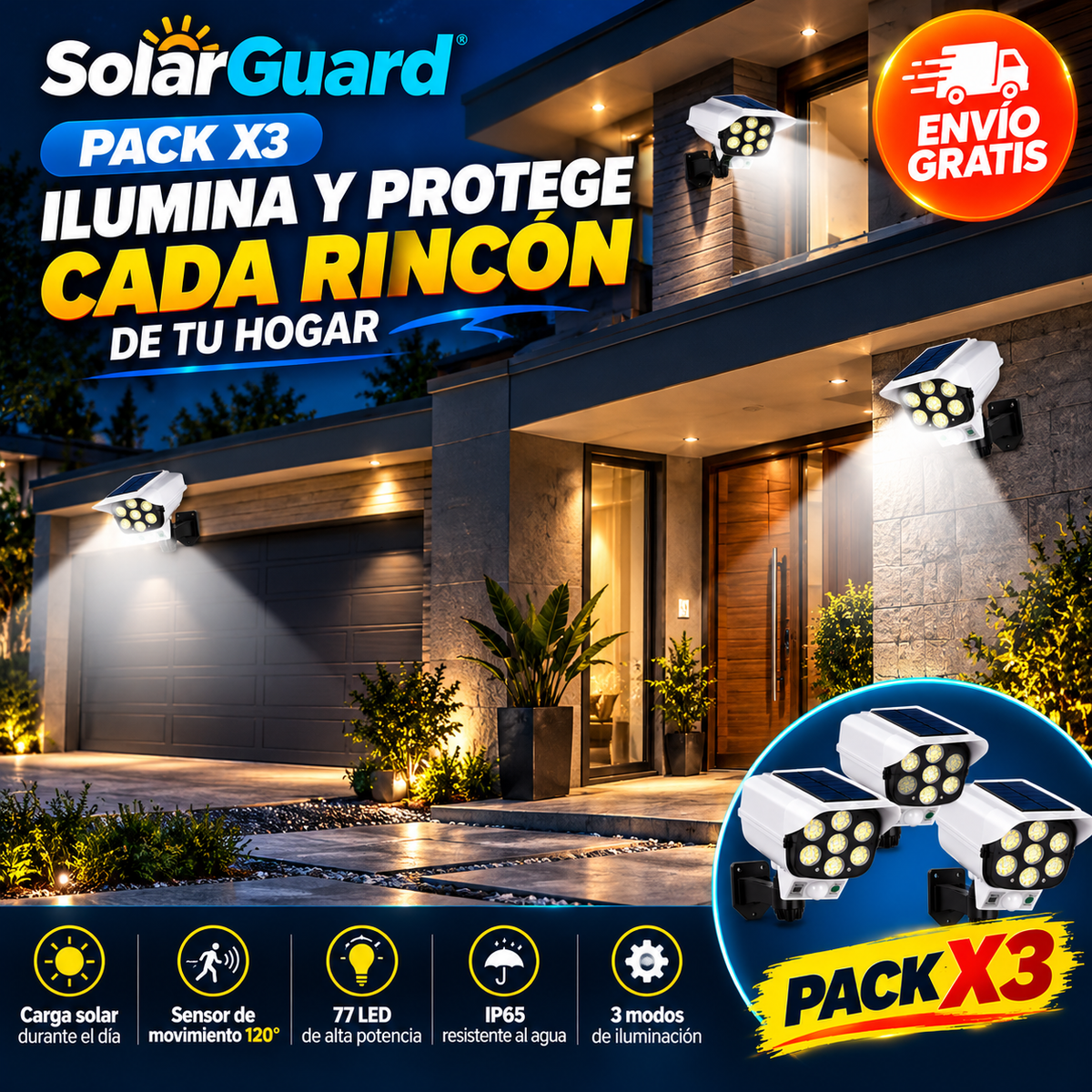 SolarGuard – Pack 3 Focos Solares LED con Sensor de Movimiento