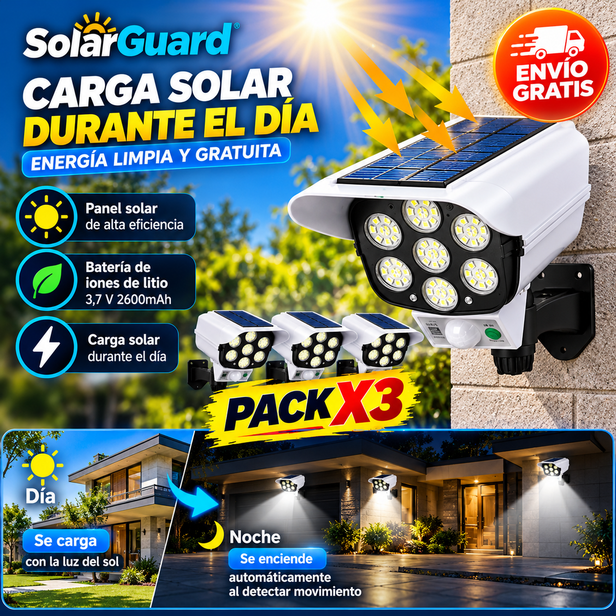 SolarGuard – Pack 3 Focos Solares LED con Sensor de Movimiento