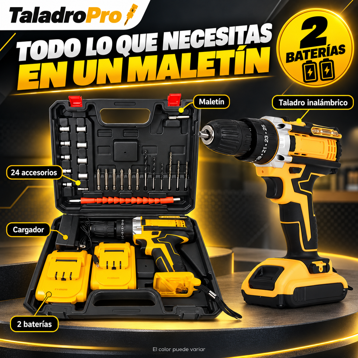 TaladroPro – Taladro Inalámbrico con 2 Baterías y Maletín