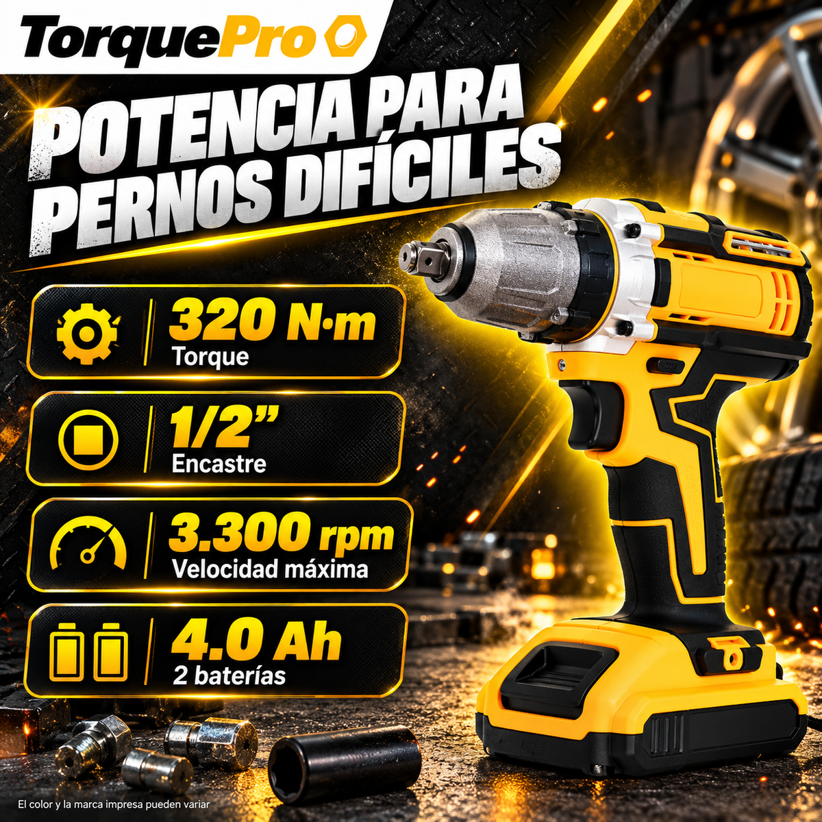 TorquePro – Llave de Impacto Inalámbrica 320 N·m con 2 Baterías