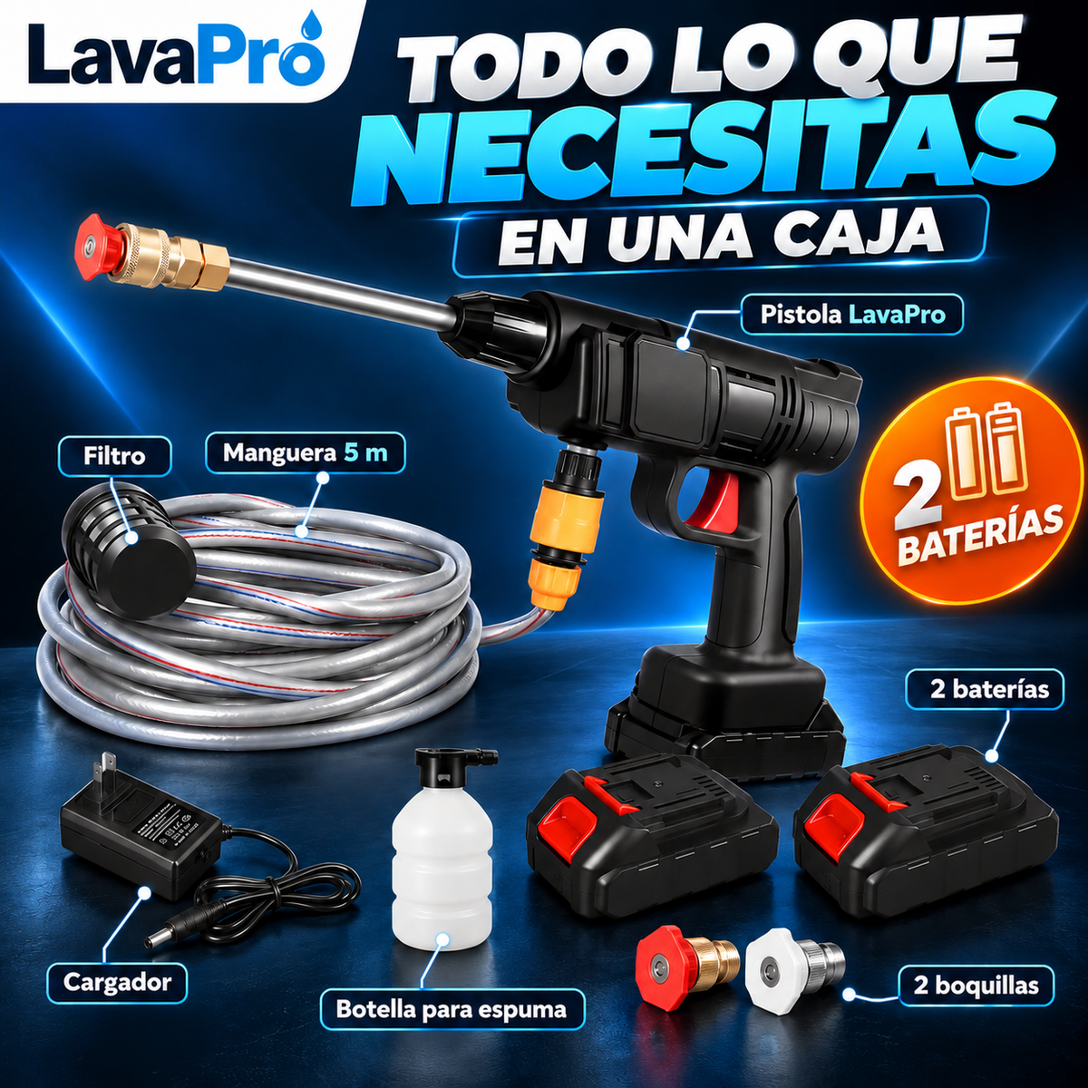 Qué incluye LavaPro: pistola, 2 baterías, cargador, manguera de 5 m, filtro, botella para espuma y 2 boquillas