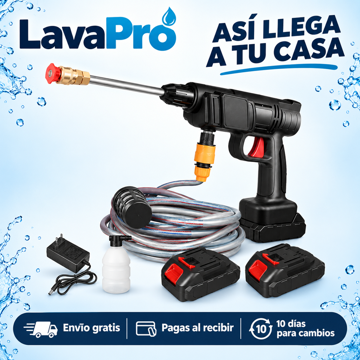 Así llega LavaPro a tu casa: hidrolavadora con 2 baterías, cargador, manguera, filtro y botella para espuma