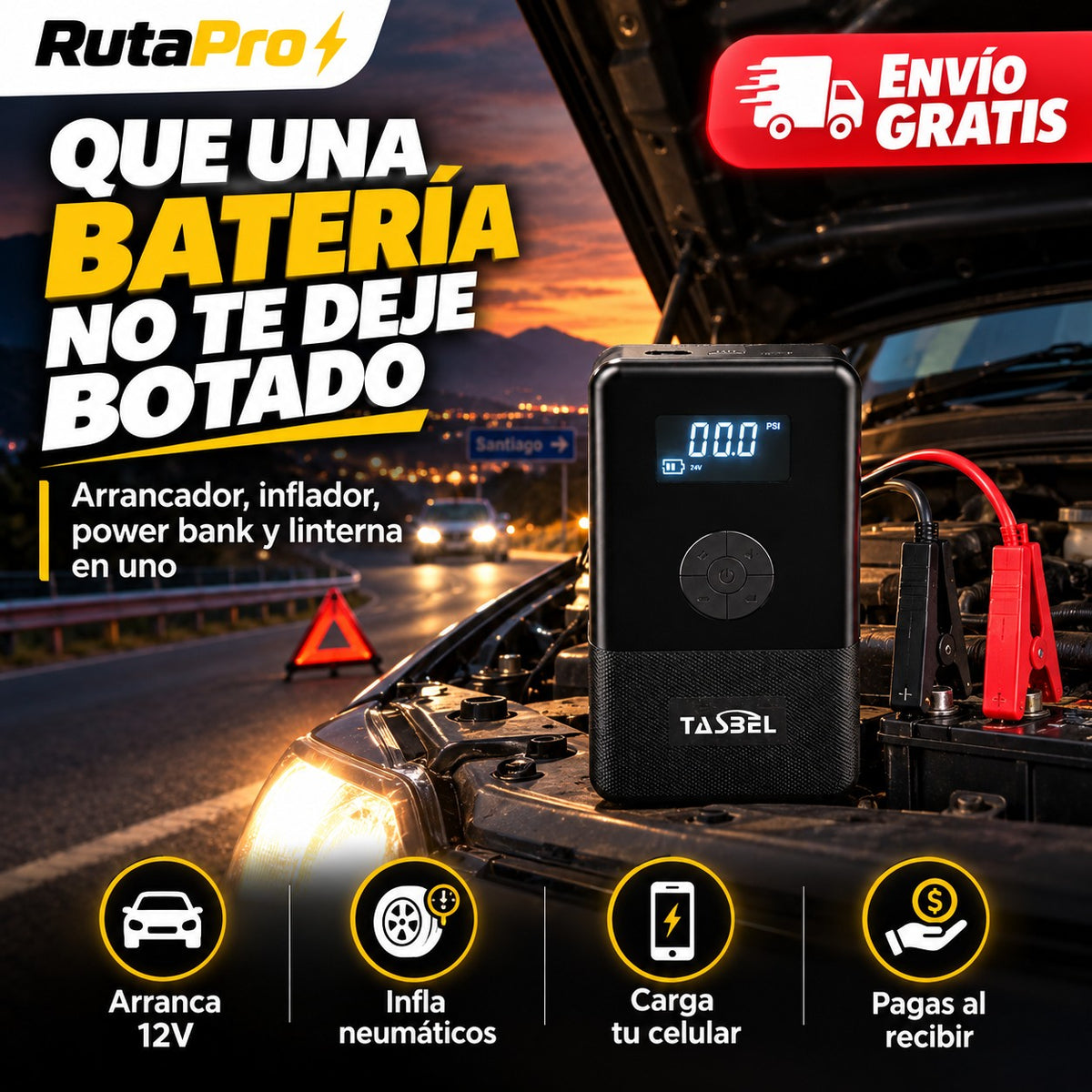 RutaPro 4 en 1 – Arrancador de Batería + Inflador de Neumáticos