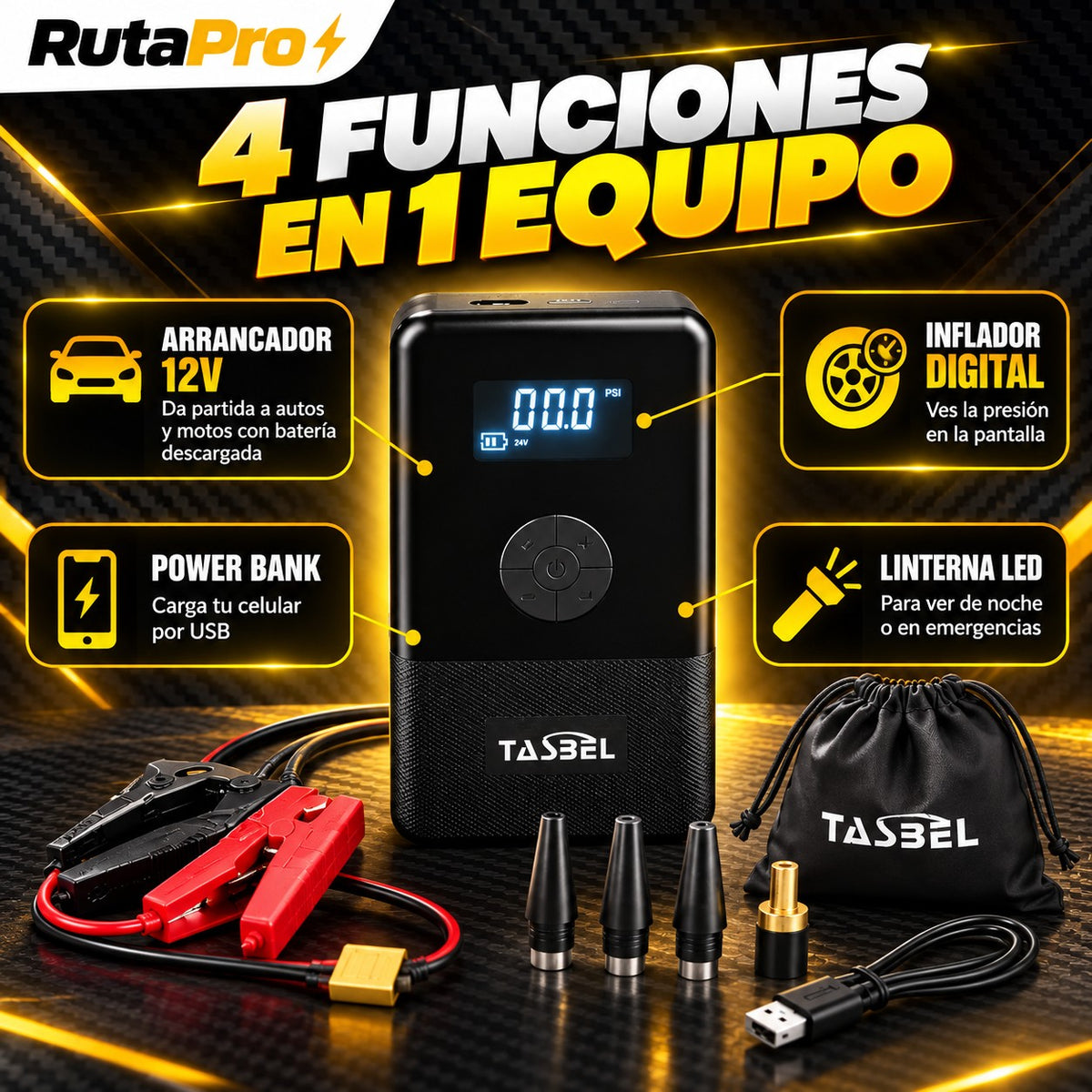 RutaPro 4 en 1 – Arrancador de Batería + Inflador de Neumáticos